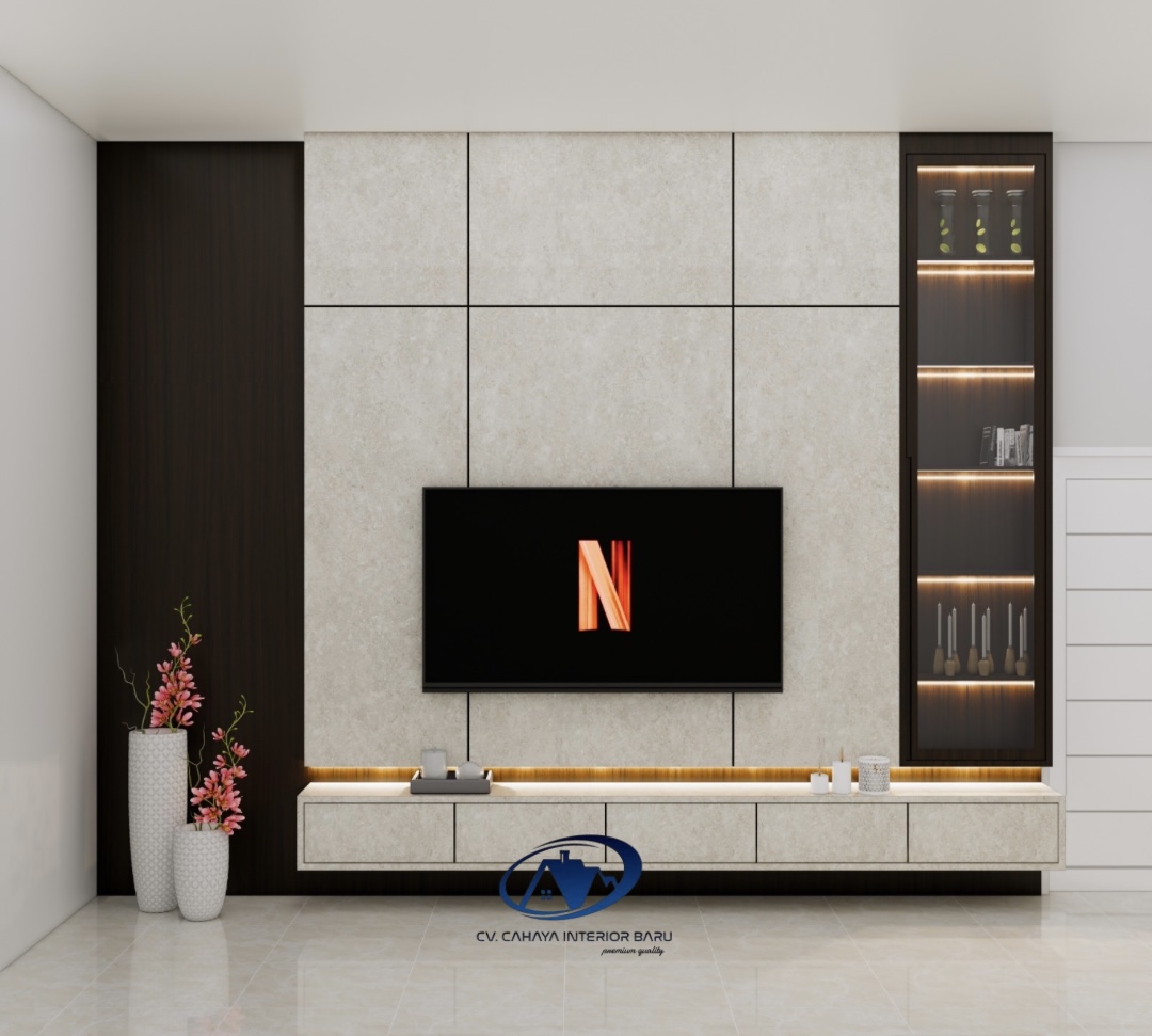 Backdrop TV dengan Finishing HPL Premium 